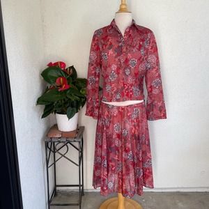 Vintage 70's red purple floral Peony blouse and pleated skirt by California Girl